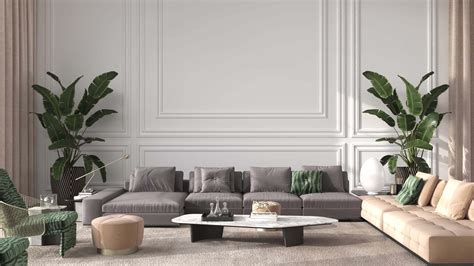 Modern interior design living room with large white classic panels and ...