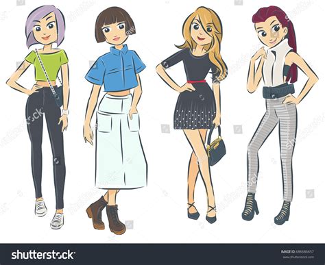 Set Female Cartoon Characters Different Fashion Stock Vector (Royalty ...