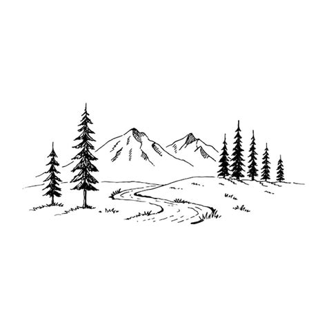 Premium Vector | Mountain with pine trees and landscape black on white ...