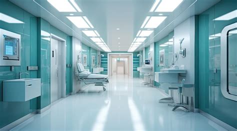 Premium Photo | A hospital hallway with a blue and green floor and a ...