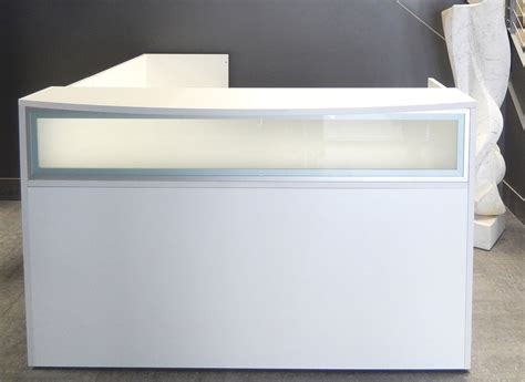 L-Shaped White Reception Desk w/Frosted Glass Panel