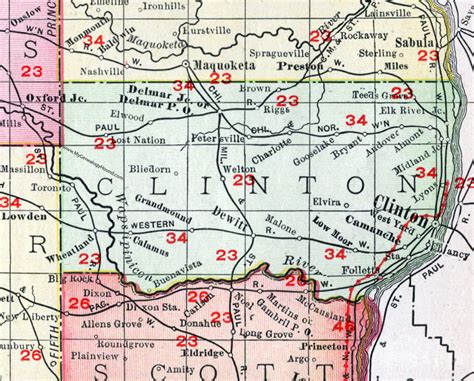 Clinton County, Iowa, 1911, Map, Clinton City, Camanche, De Witt