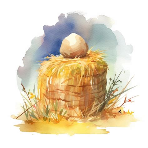 Premium AI Image | Watercolor painting of a hay bale with a white egg ...