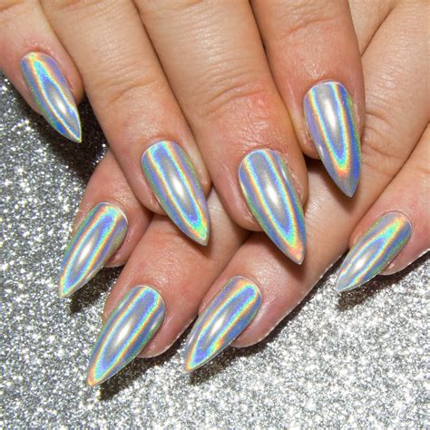 Holographic Chrome Nails Stiletto Acrylic Nails Mirror Gel