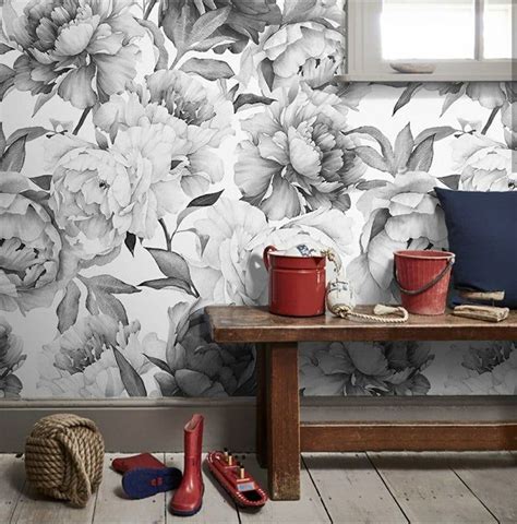 Peony peel and stick Floral gray wallpaper Peonies Wall | Etsy | Mural ...