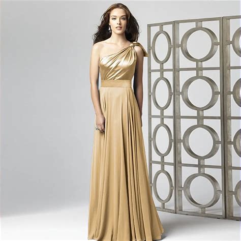 Elegant Gold One Shoulder Chiffon Maid of Honor Dresses Long Party ...