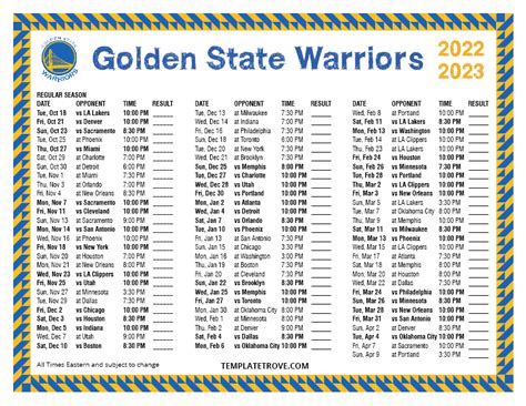 Printable Warriors Schedule