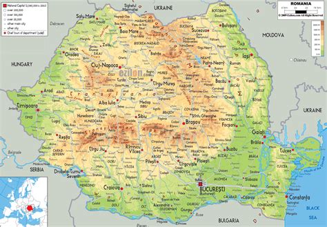 Large physical map of Romania with roads, cities and airports | Romania ...