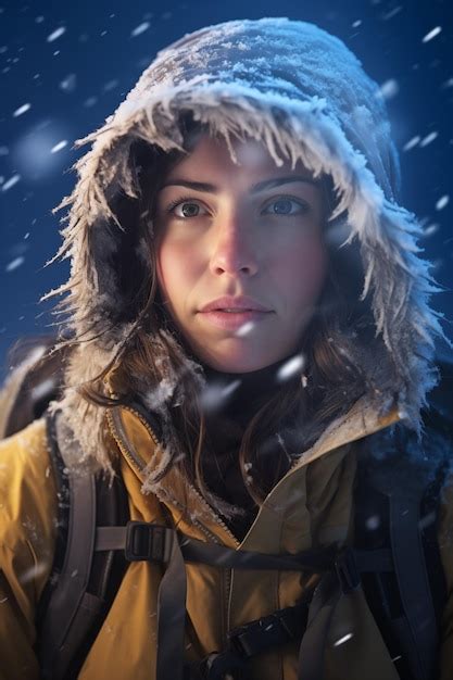 Premium Photo | Woman in snow hiking gear standing in a snow storm