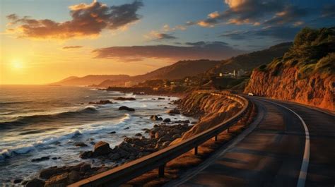 Premium AI Image | highway landscape at sunset Beautiful seaside road view