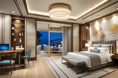 Premium AI Image | A bedroom with a view of the ocean.