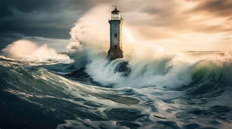 A lighthouse in the ocean with a storm in the background | Premium AI ...