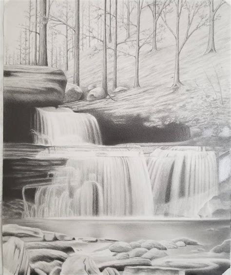 Pencil Drawing & Illustration Graphite drawing waterfall nature scene ...