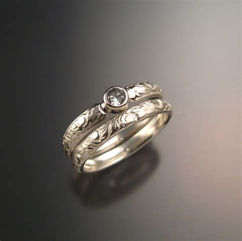 White Sapphire Wedding set sterling silver Victorian bezel set two ring ...