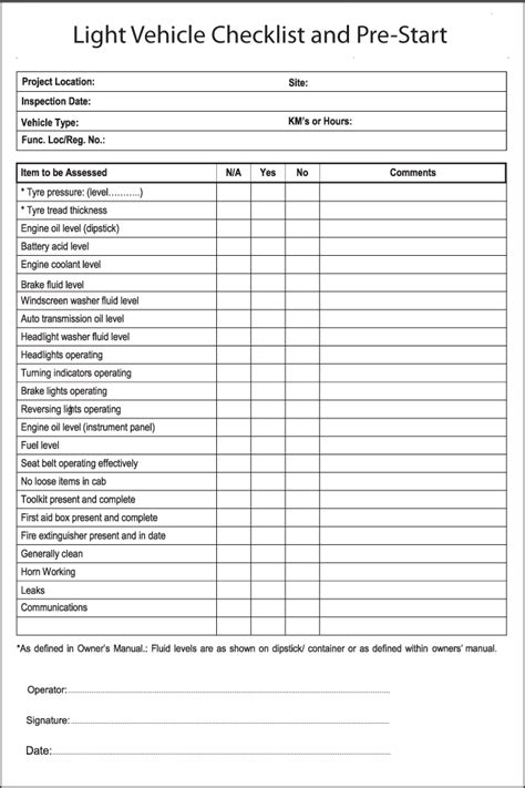 Light Vehicle Pre-Start Checklist Book A5 (A week to a page Pre-printed)