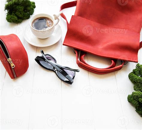 Red leather backpack with accessories 5697270 Stock Photo at Vecteezy