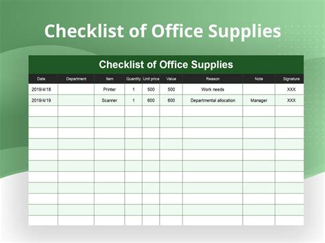 Office Supplies List Template