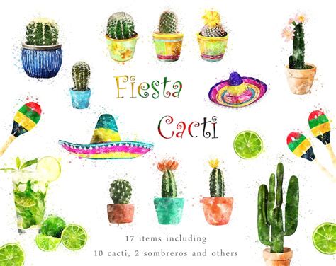 Fiesta Cacti Clipart Set Succulent Clip Art Watercolor | Etsy