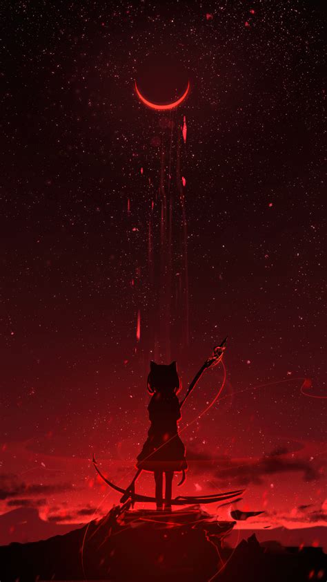 Blood Moon Scenery Anime Girl 4K #3520h Wallpaper iPhone Phone