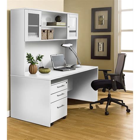 63" Modern White Desk with Hutch & Mobile Pedestal - OfficeDesk.com