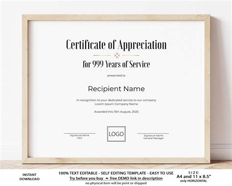 Editable Years of Service Certificate of Appreciation - Etsy