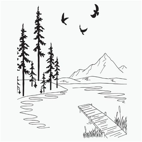 a black and white drawing of birds flying over a lake with a dock in ...