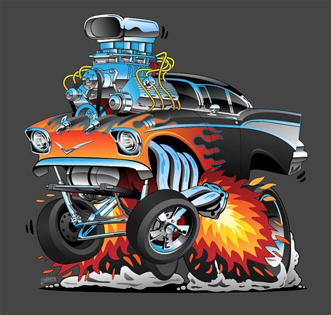 Classic Hot Rod 57 Gasser Drag Racing Muscle Car Cartoon Drawing By ...