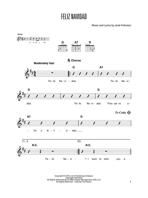 Jose Feliciano "Feliz Navidad" Sheet Music Notes | Download Printable ...