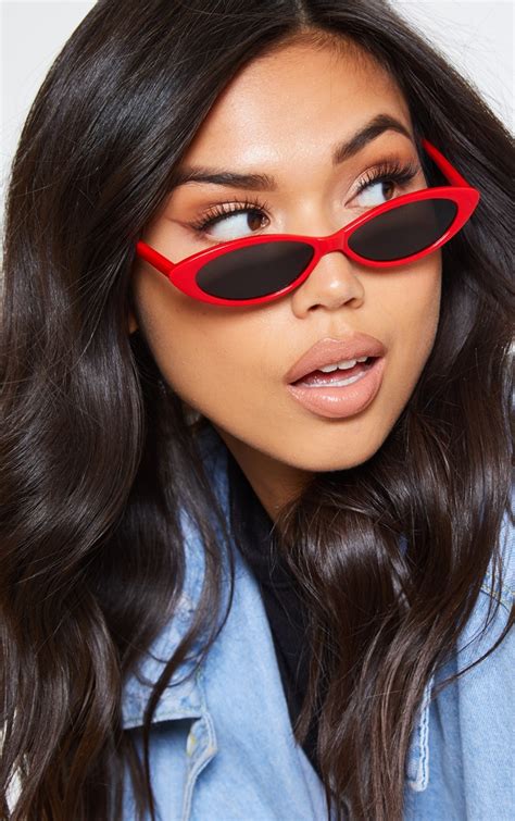 Red Black Lens Slim Cat Eye Sunglasses | PrettyLittleThing