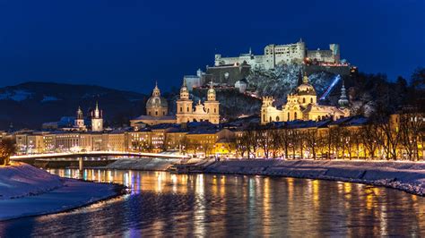 Wallpaper City night, Salzburg, Austria, river, winter, snow, houses ...