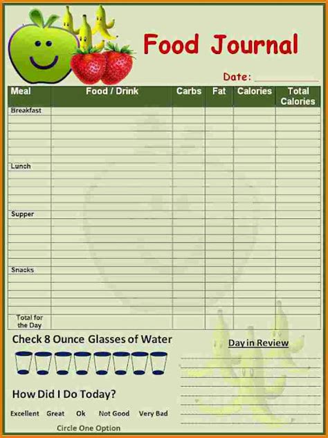 Food log template Printable In excel Format