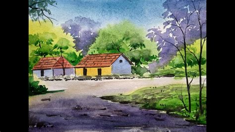 watercolor village landscape painting for beginners - Landscape nature ...