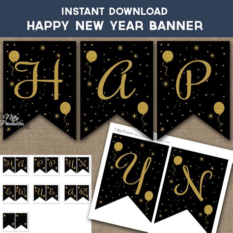 Printable Happy New Year Banner - Black & Gold