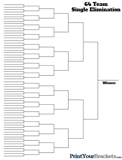 64 Team Single Elimination Printable Tournament Bracket