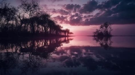 Premium AI Image | A purple sunset over a body of water with trees and ...