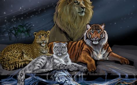 Fond d'écran : Lion, tigre, des arbres, vagues, ouvrages d'art, art ...