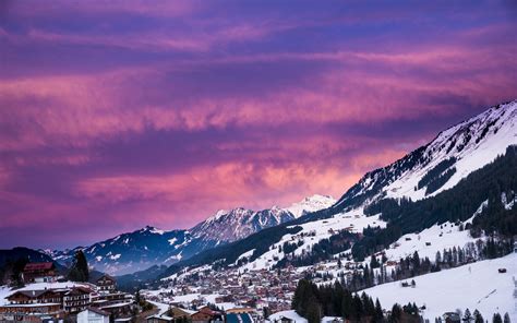 Austria, mountains, trees, houses, winter, snow, dusk wallpaper ...