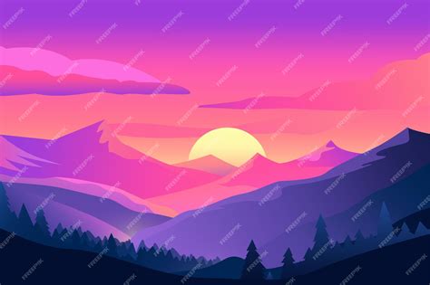 Premium Vector | Background sunset in the mountains enchanting cartoon ...