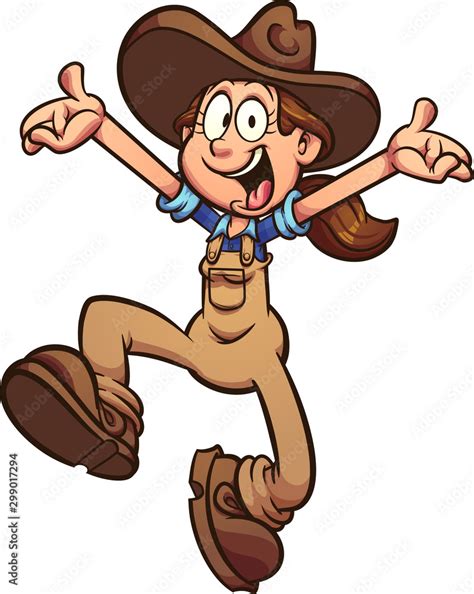 Cartoon happy farmer girl jumping up clip art. Vector illustration with ...