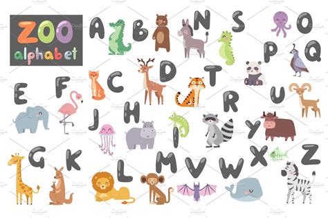 Cute zoo alphabet with cartoon animals isolated on white background and ...