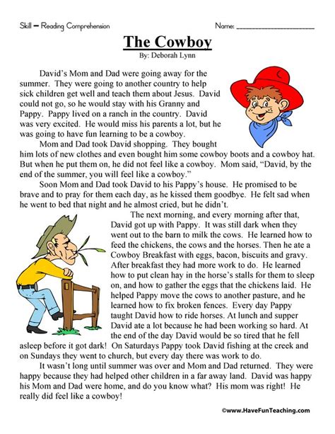 The Cowboy Reading Comprehension Worksheet • Have Fun Teaching ...