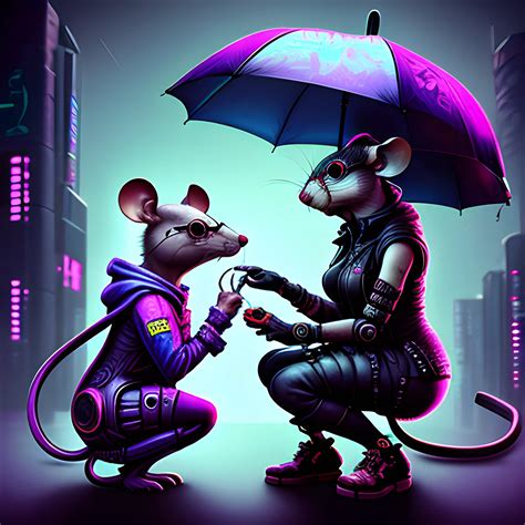 cyberpunk, mouse, with glasses, on knees, gives engagement rin ...