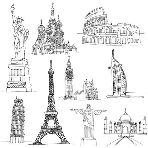 Sketches of famous places. famous buildings in world Vector | Premium ...