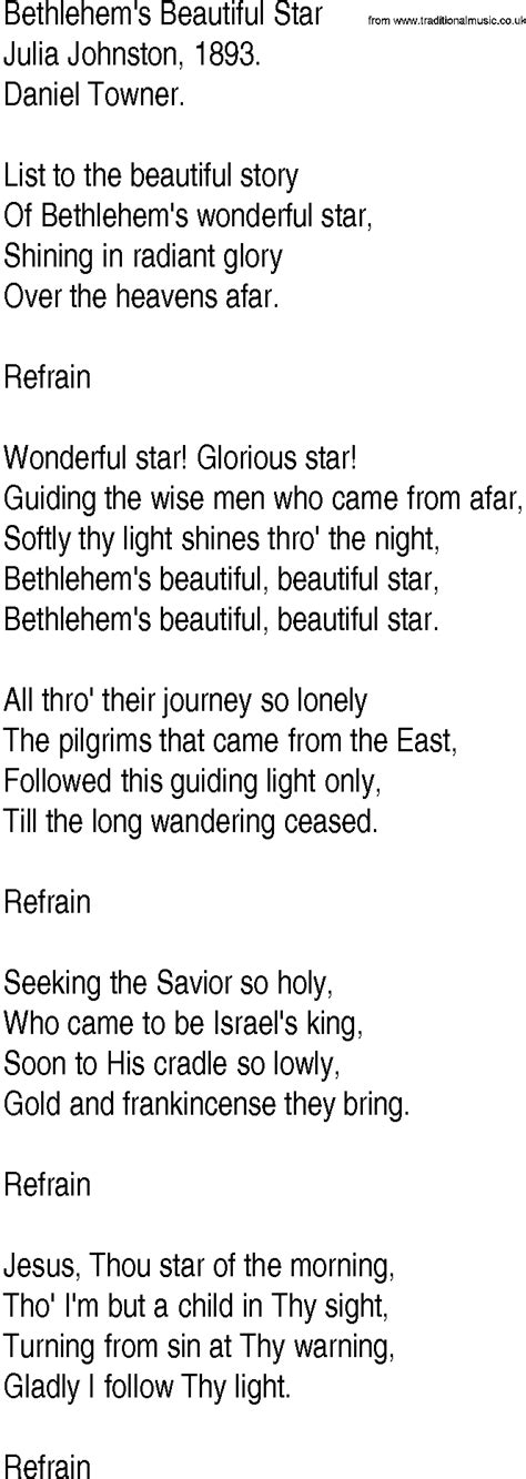 Hymn and Gospel Song Lyrics for Bethlehem's Beautiful Star by Julia ...