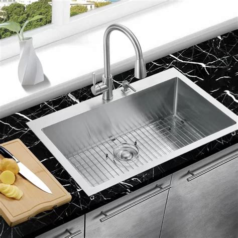 MOWA Handmade 33" L x 22" W Drop-In Kitchen Sink with Sink Grid and ...