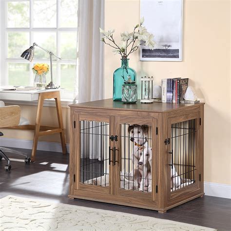 Unipaws Pet Crate End Table, Double Doors Wooden Wire Dog Kennel with ...