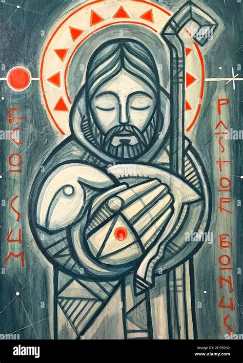 Hand drawn illustration or painting of Jesus Christ Good Shepherd and a ...