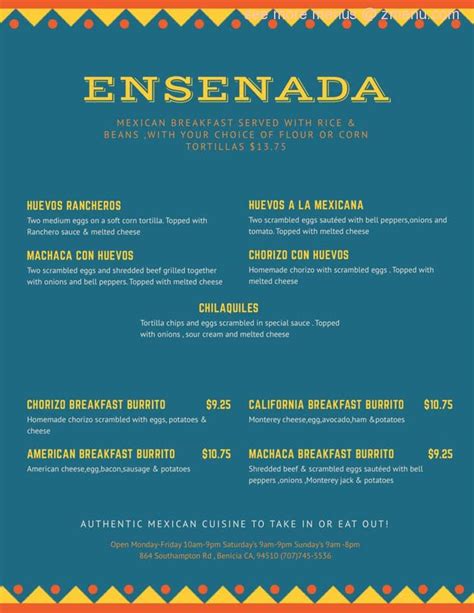 Menu at Ensenada restaurant, Benicia