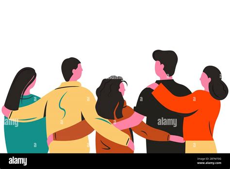 Group of cartoon friends standing and hugging together back view vector ...