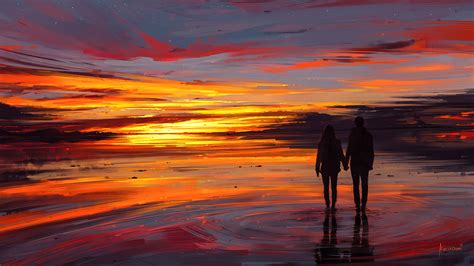 Couple at Sunset Illustration Wallpaper, HD Artist 4K Wallpapers ...